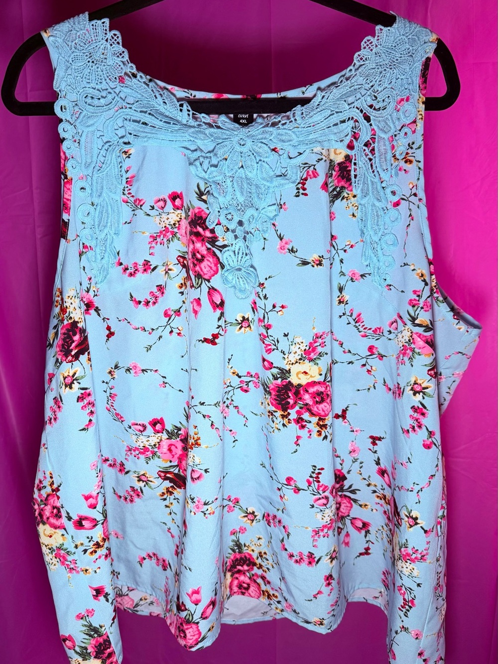 SHEIN Light Blue Floral Crochet-Trim Tank Top